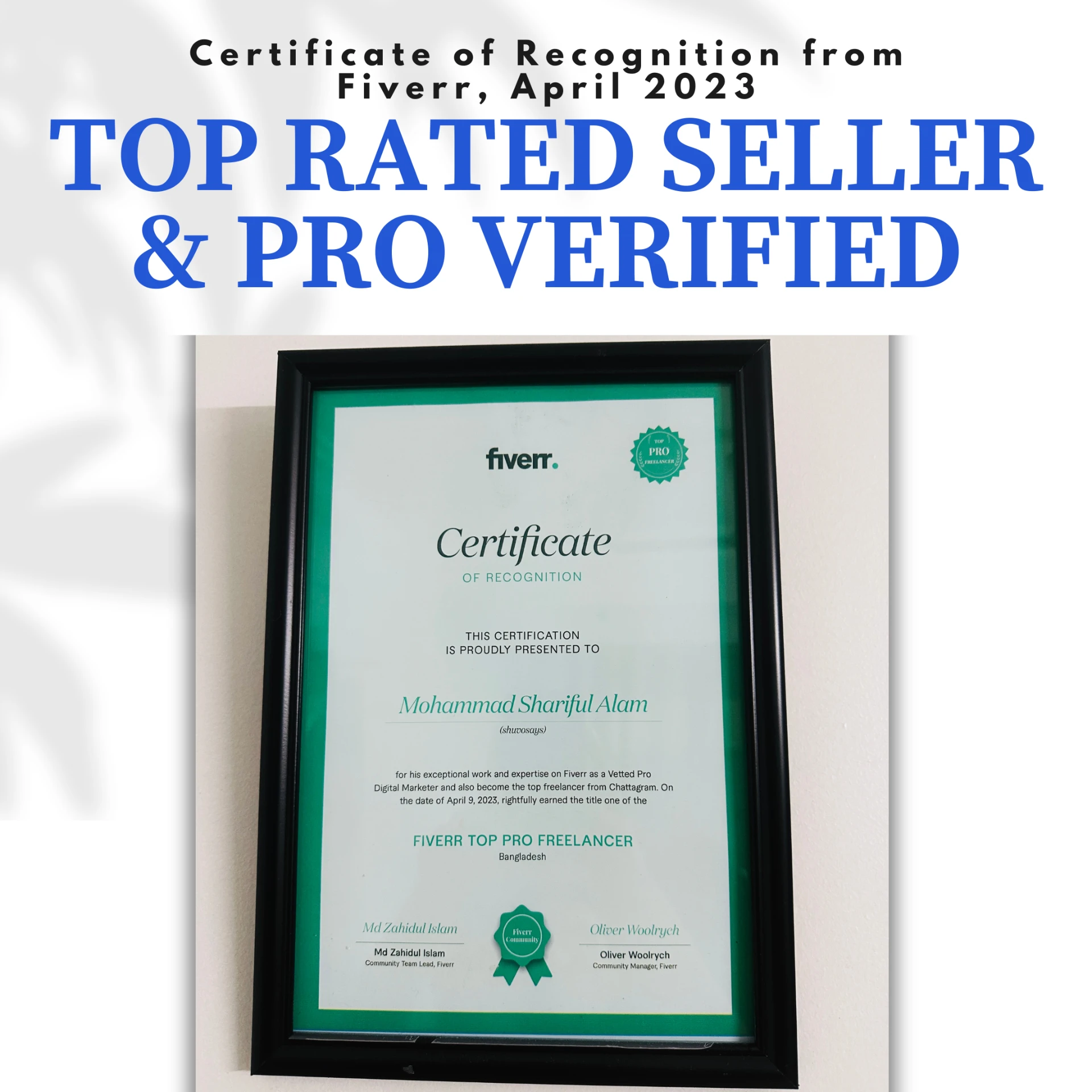 Certificate of recognition from Fiverr, April 2023
