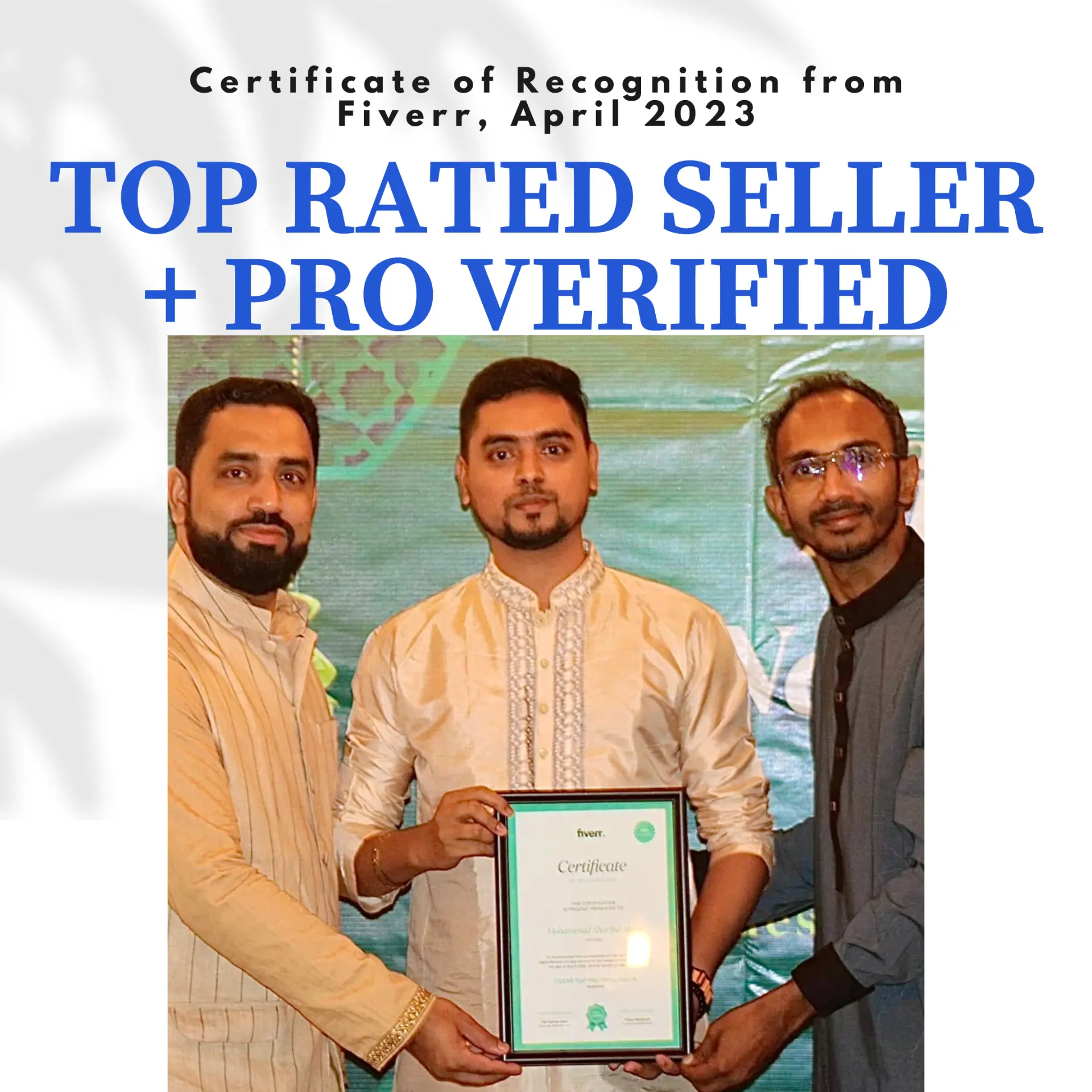 Shuvo receiving a certificate of recognition from Fiverr's community team, April 2023