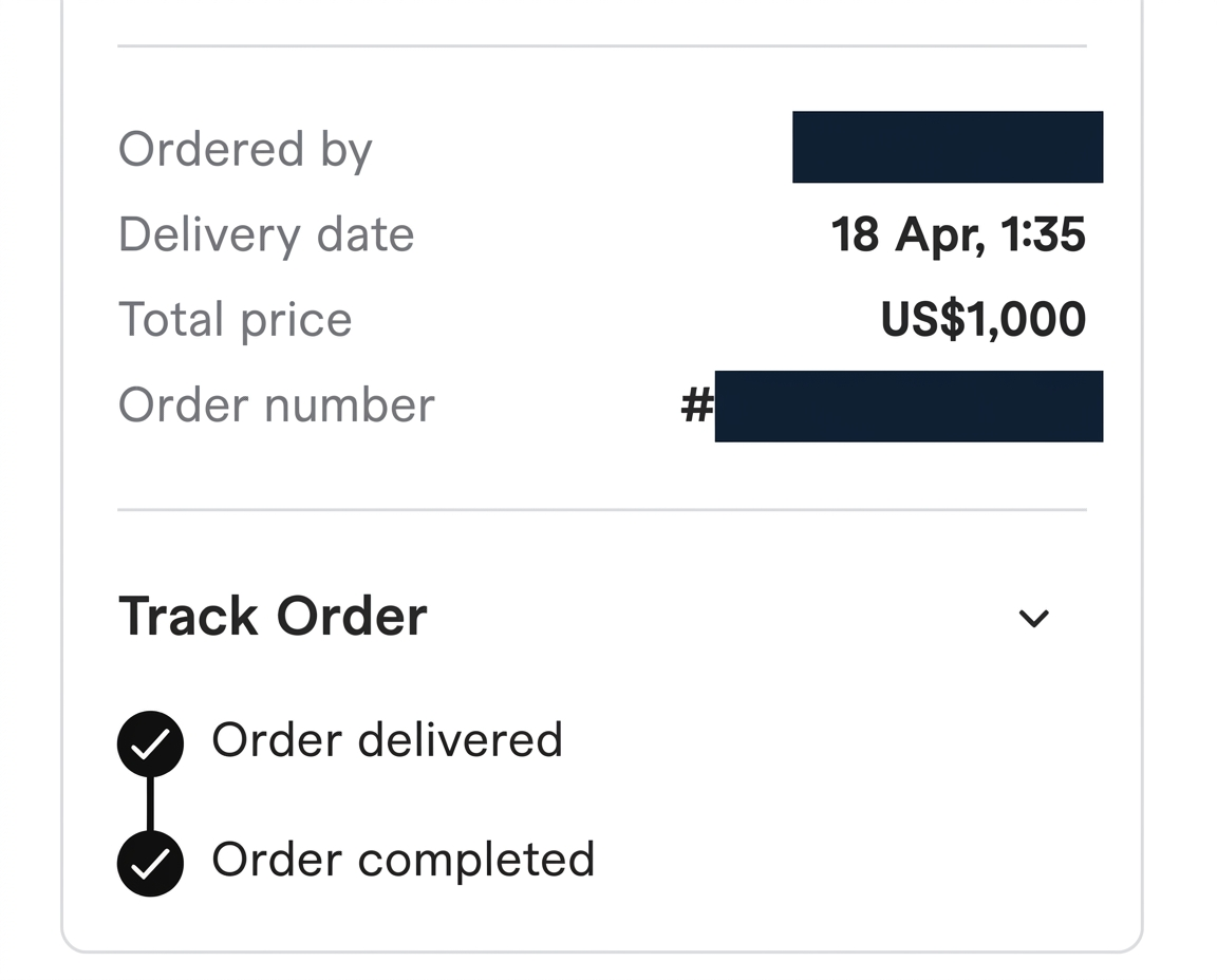 Privacy-protected Fiverr record for a completed $1,000 project