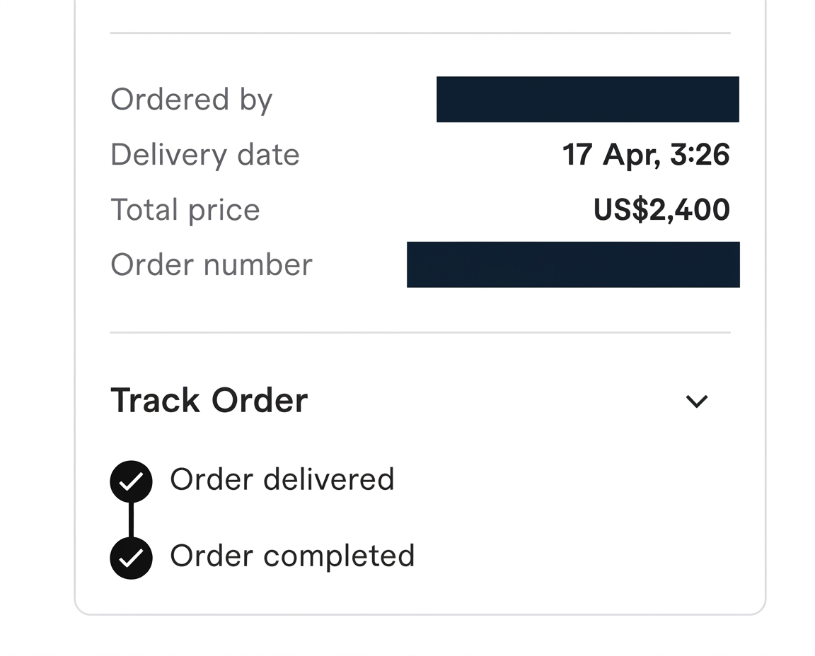 Privacy-protected Fiverr record for a completed $2,400 project
