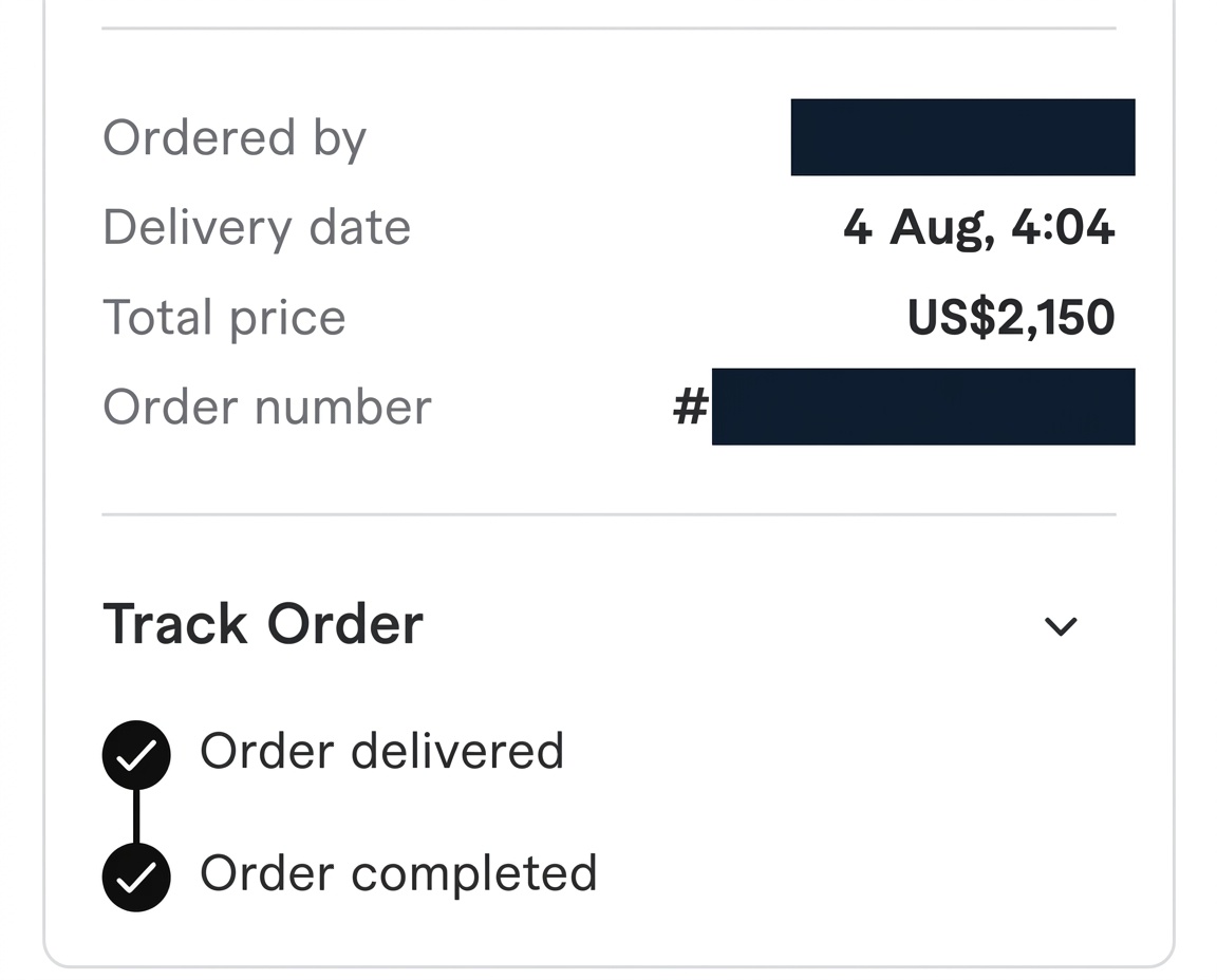 Privacy-protected Fiverr record for a completed $2,150 project